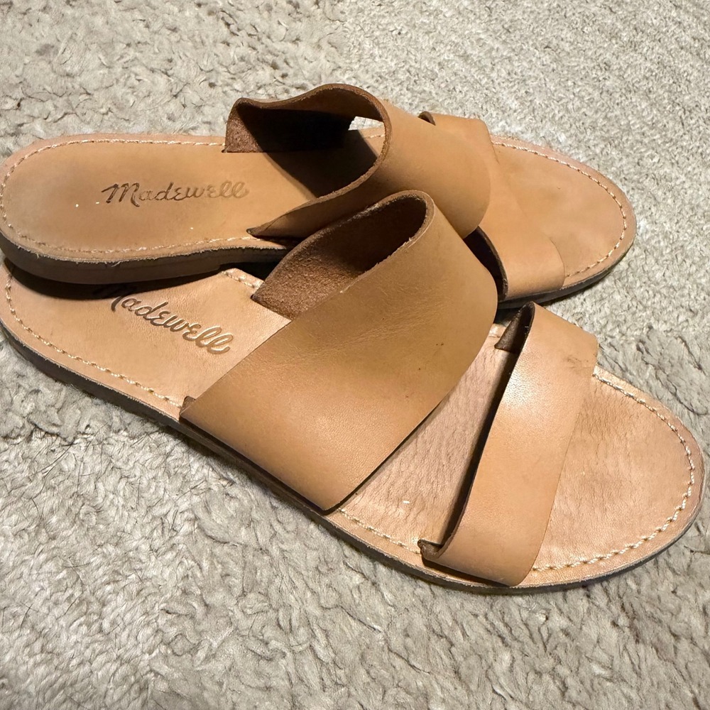 Madewell Boardwalk Double-Strap Slide Sandals Tan Leather Women 7